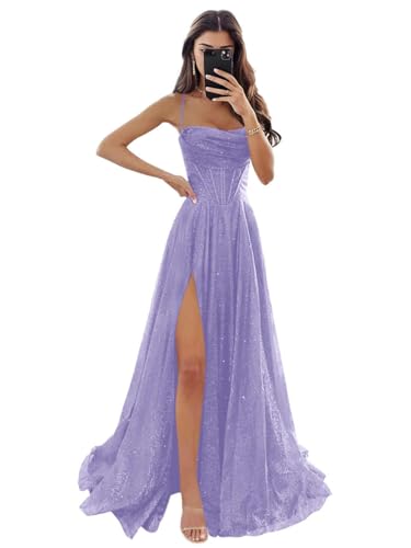 XONHS Lavender Tulle Prom Dress Long with Slit Sparkly Spaghetti Straps Backless A-line Formal Gowns...