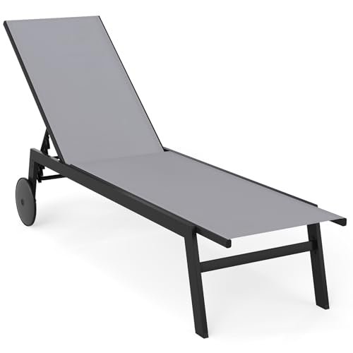COSTWAY Sonnenliege mit Rollen Gartenliege mit Verstellbarer Rückenlehne und schnelltrocknendem Stoff Rollliege bis 150kg belastbar Liegestuhl für Garten Balkon Terrasse (Grau)