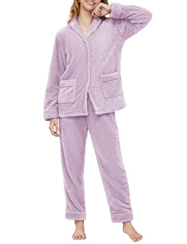 NRZD Women's Warm Fleece Pajama Sets, Long Sleeve Soft Sleepwear Button Down Winter Lounge PJs Sets with Straight Pockets(Purple,M)
