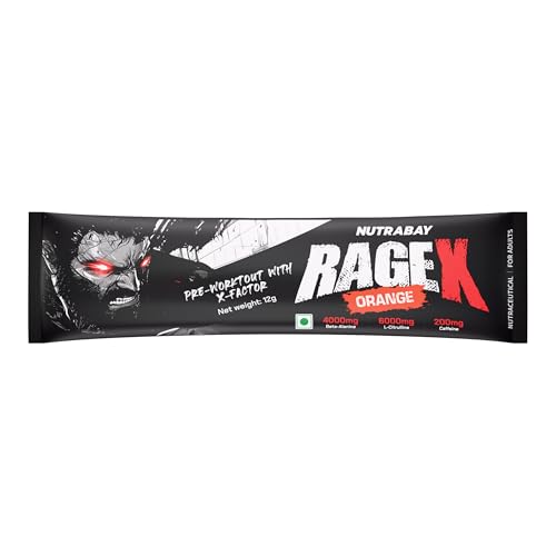 Image of Nutrabay RageX Pre Workout Supplement Powder - 12g (1 Sachet), Orange | 200mg Caffeine, 4g Beta Alanine, 6g L-Citrulline, 600mg L-Arginine, & Black Pepper | Muscle Pump & Performance