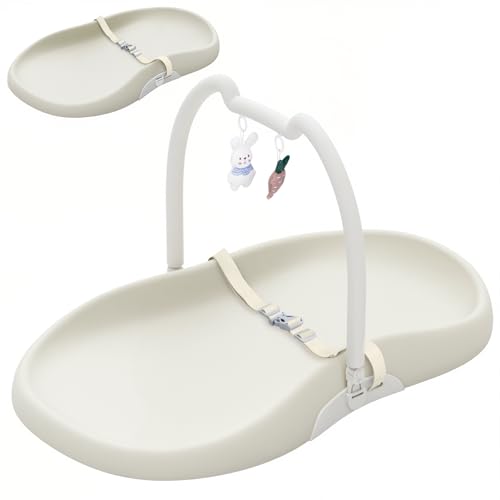 UBRAVOO Baby Changing Mat with Safety Harness and Cat Ear Toys Shelf, Anti-Roll Wedge Baby Changing Pad, Easy Wipe Clean Waterproof with Raised Padded Edges (Beige, Upgrade Style)