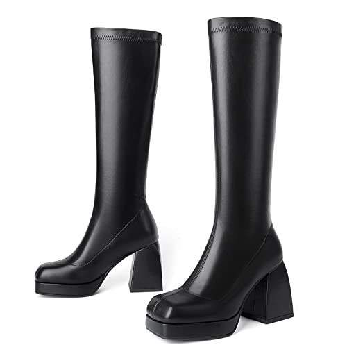 CKSNDLF Women's Platform Boots Knee High Boots Stretchy Square Toe Chunky Block Heeled 70s Go Go Boots3