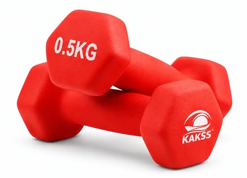 Image of KAKSS Neoprene Dumbbells Set, 1kg (2 x 0.5kg), Red Hex Dumbbells with Easy-Grip Coated Finish, Cast Iron Hand Weights for Home Gym Equipment and Fitness Training for Women and Men