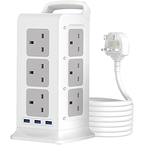 Tower Extension Lead with USB Slots 3M,AUOPLUS 12 Way Vertical Extension Lead with 3 USB Slots(3.1A), Multi Plug Socket Charging Station 2990W/13A,Tower Power Strip for Home,Office,School Cover