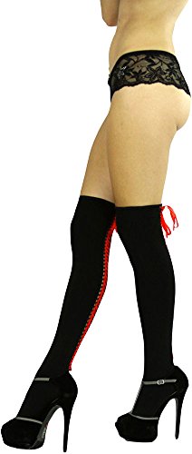Image of ToBeInStyle Women's Lace Up Back Seam Tights Sheer or Opaque Hosiery Stockings Crisscross Lace Ribbon Zigzag Design