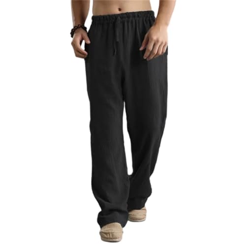 Men Solid Color Cotton Linen Pants Drawstring Trousers Thin PlSize Loose Straight Leg Pant