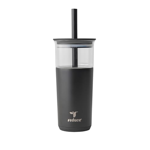 Image of REDUCE Aspen 20 oz Vacuum Insulated Glass Tumbler with Lid & Extra Wide Straw - Keeps Drinks Cold for 12 Hrs - Ideal for Iced Coffee, Smoothies & Boba - Dishwasher Safe, Soft Base - Phantom
