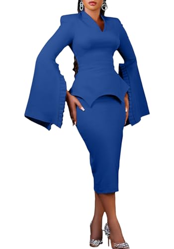 Voghtic Women Peplum Bodycon Pencil Dress Business Office Wear to Work Sheath Dress v Neck Ruffle Sleeve Church Dresses