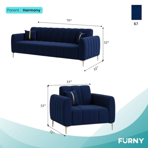 Image of FURNY Harmony 5 Seater Velvet Fabric 3+1+1 Sofa Set (Dark Blue) with Golden Finish Legs | Durable Comfort | Ideal for Living Room, Offices