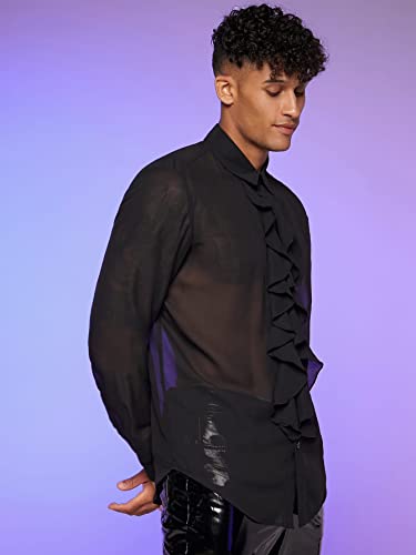 Verdusa Men's Long Sleeve Sheer Mesh Ruffle Trim Button Down Shirt Top3