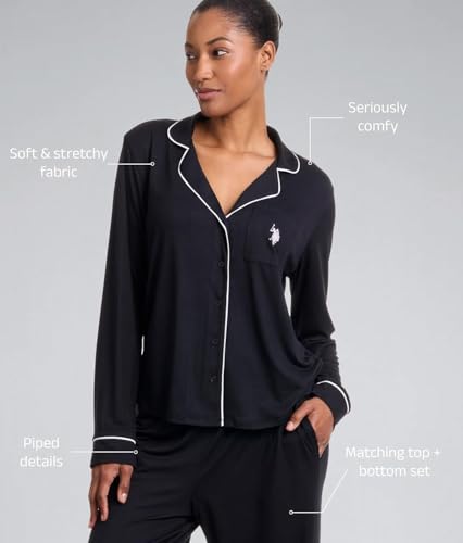 Image of U.S. POLO ASSN. Womens Lightweight Notch Collar Pajama Set | Classic Button Down Pajamas for Women with Long Sleeve Top and Pajama Pants
