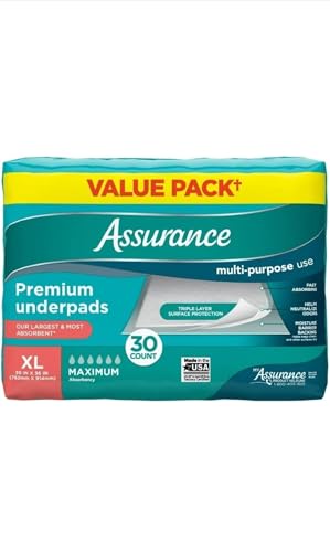 Assurance Premium Underpads XL 30 x 36 Maximum Absorbency Value Pack 30 Count Disposable Bed Pads for Incontinence Pets Protecting Furniture & Beds