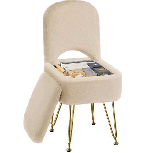 GREENSTELL Small Vanity Stool Chair with Storage and Folding Back, 13.4' x 15' x 30' Square Faux Fur Soft Ottoman, 4 Metal Legs with Anti-Slip Feet, Furry Padded Seat for Makeup, Bedroom, Camel