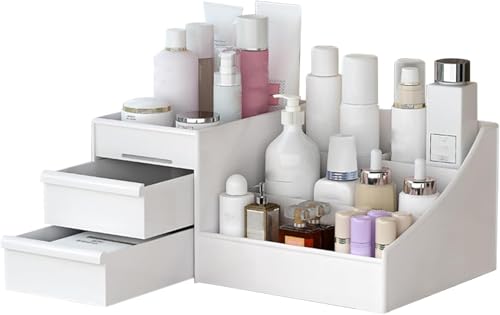 Image of INOVERA Makeup Organizer with Drawers | Countertop Cosmetics Display Case for Dressing Table | Vanity storage Holder Box (White)