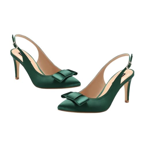 ERIJUNOR Pointy Toe Pumps Mid Heels Wedding Evening Party Prom Slingback Satin Shoes2
