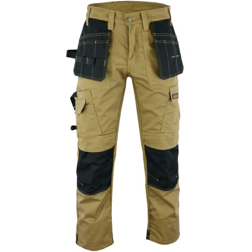 WrightFits Men Pro Builder Work Trousers Grey & Khaki - Heavy Duty Safety Combat Cargo Pant - Multi Pockets & Knee Pad Pockets - Triple Stitched -Durable Work wear