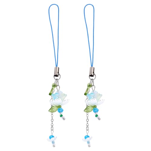 2pcs Lotus Flower Phone Strap, Zinc Alloy Glass Beaded Flower Phone Charm Aesthetic Elegant Keychain Charms for Women Bag Wallet (Blue)