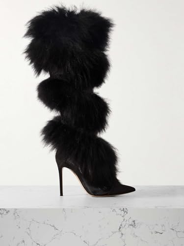Women's Mesh Knee High Boots With Faux Fur-Trimmed Pointy Toe Stiletto Heel Satin Thigh Boots Side Zipper Sexy Party Dress Tall Boots4