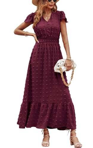 Image of PRETTYGARDEN Womens Dresses 2026 Summer Maxi Dress Boho Short Sleeve V Neck Swiss Dot Ruffle Tiered Smocked Flowy Long Dress