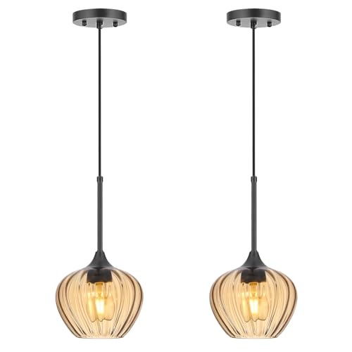 QianZhan 2Pack Amber Glass Pendant Light, 7 Inch Vintage Pendant Light Fixtures Modern Small Pendant Hanging Lights for Kitchen Island Dining Room Bathroom Coffee Bar