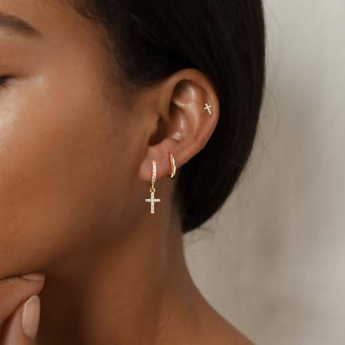 Gold Earrings for Women, 14K Gold Plated Cute Cross Butterfly Star Earring Stacks Dainty Huggie Earrings for Women Trendy Small Gold Hoop Earrings Non Tarnish Womens Jewelry2