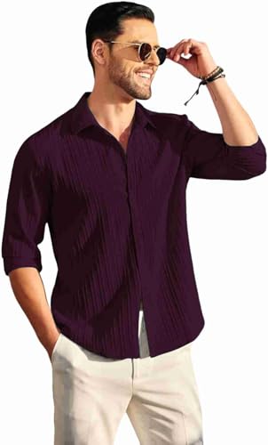 Image of Men's Casual Button Down Shirts Long Sleeve Linen Shirt Fashion Textured Beach Summer Shirt