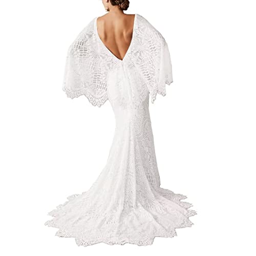 Image of Boho Wedding Dresses for Bride Lace Mermaid Bridal Dress V Neck Cape Sleeve Beach Bohemian Vintage Wedding Gown