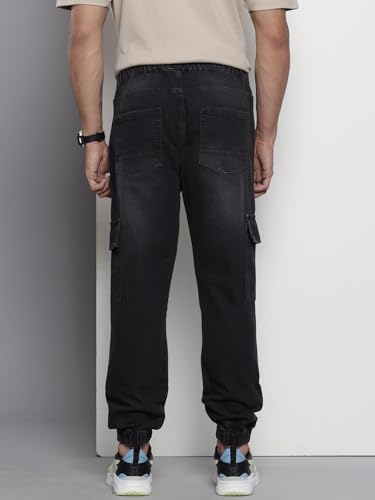 Image of The Indian Garage Co Men Regular Fit Solid Mid-Rise Stretchable Denim Cargo Joggers