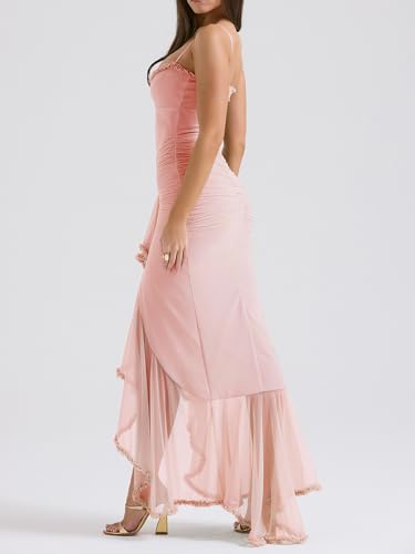 Image of houstil Women's Strap Ruffle Casual Summer Dress Mesh Beach Party Maxi Cocktail Evening Holiday Wedding Guest Dresses