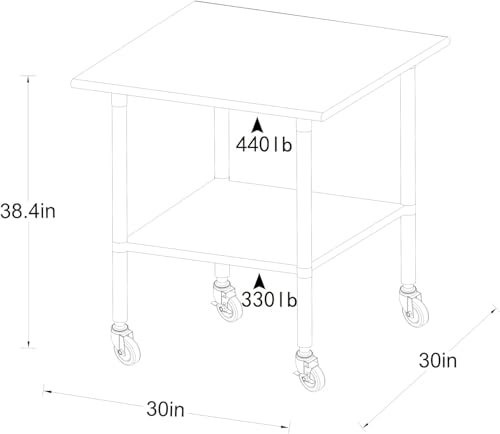 Image of ROCKPOINT Stainless Steel Table for Prep & Work with Caster Wheels 30x30 Inches, NSF Commercial Heavy Duty Table with Undershelf and Legs for Restaurant, Home and Hotel