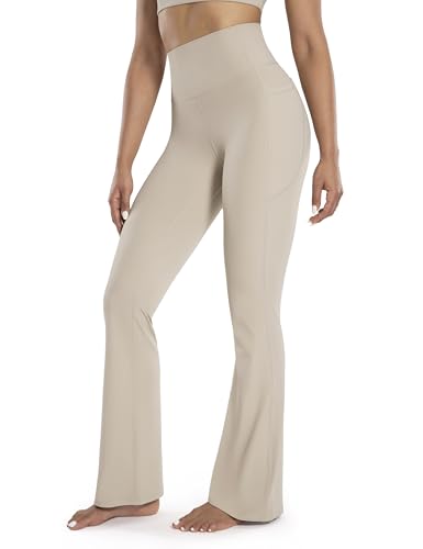 ENERBLOOM Women's Workout Flare Yoga Pants with Pockets High Waisted Bootcut Leggings Tummy Control 30'' Khaki Small