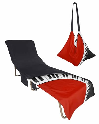 Red Piano Keys Beach Chair Towel Covers for Chaise Lounge with Side Pocket, Soft Plush Pool Towels Cover for Patio Sunbathing Outdoor Music Musical Notes Black White Instrument 29''x85''