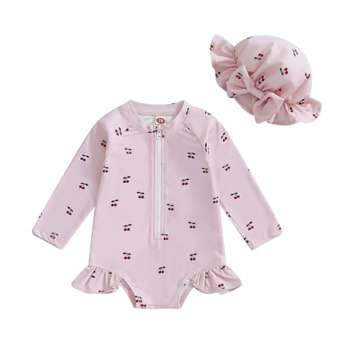 Carolilly Traje de baño Anti-UV Bebé Niña Masajes Largos Traje de baño Piscina de una pieza con volantes Swimwear Impreso con Sombrero, Rosa Rojo Cereza, 18-24 Meses