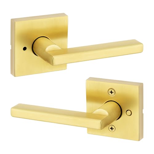 Image of Kwikset Halifax Interior Privacy Door Handle with Lock, Door Lever for Bathroom and Bedroom, Satin Brass Reversible Keyless Push Button Lock Door Lever, with Microban Protection