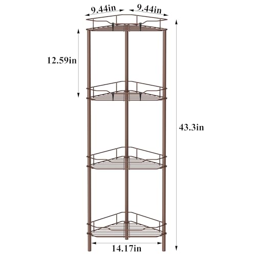 Image of HuggieGems 4 Tier Floor Standing Corner Shower Caddy Organizer Shelf with Hooks, Bathroom Shelves Stand Rack, Coffee