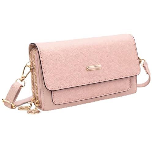 Bolsa Feminina Transversal com Alça Ajustável Crossbody Pequena de Couro Sintético Tipo Clutch, carteira feminina com Zíper e Bolso para Celular Ideal para Viagem e Dia a Dia (Rosa)