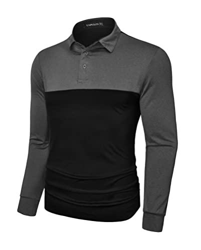 Tapulco Mens Long Sleeve Two-Tone Polo Fall Active Shirts Lightweight 4-Way Stretch Golf Wear Wicks Sweat Dry Fast Breathable Collared Tshirts Black And Grey X-Large #TOP10