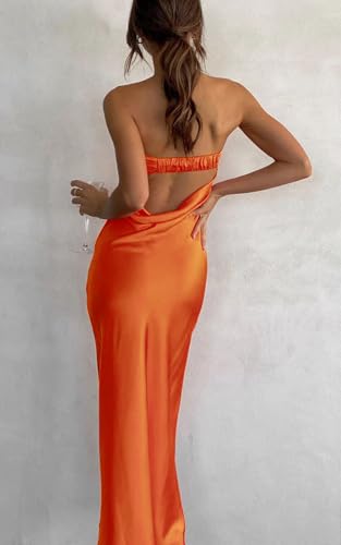 Image of Women Summer Lightweight Satin Maxi Bodycon Dress Strapless Tube Backless Hollow Out Long Party Dress