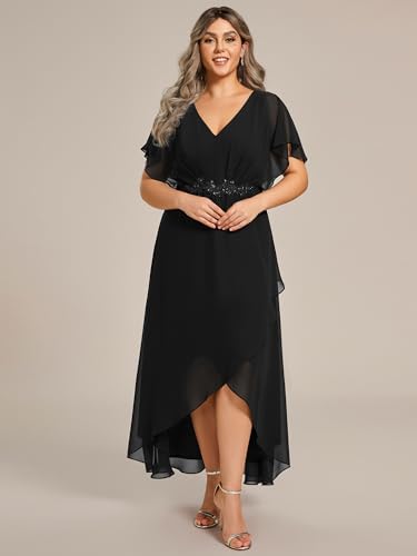 Image of Ever-Pretty Plus Women's V Neck Applique Plus Size Wedding Guest Dress Short Sleeves Maxi Formal Dresses