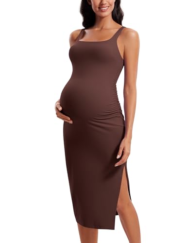 Image of CRZ YOGA Women Butterluxe Sleeveless Tank Maternity Dress Split Ruched Pregnancy Square Neck Bodycon Casual Baby Shower