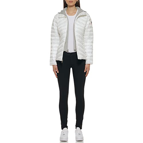 Guess Women's Light Packable Jacket – Quilted, Transitional Puffer, White/Heather Grey, Large #TOP5