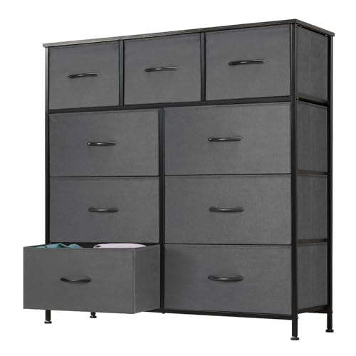 DUMOS Dresser for Bedroom, Dressers & Chests of Drawers Dresser Organizer, Wood Top Table Furniture with 9 Fabric Storage Tower Unit, Chest of Drawers for Closet, Living Room, Hallway, Porch