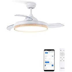 Ventilador Abanico Techo CREATE / WIND CLEAR/Ventilador de techo madera natural con luz regulable y Wifi/Silencioso, motor DC con función verano-invierno, aspas retráctiles, doble altura