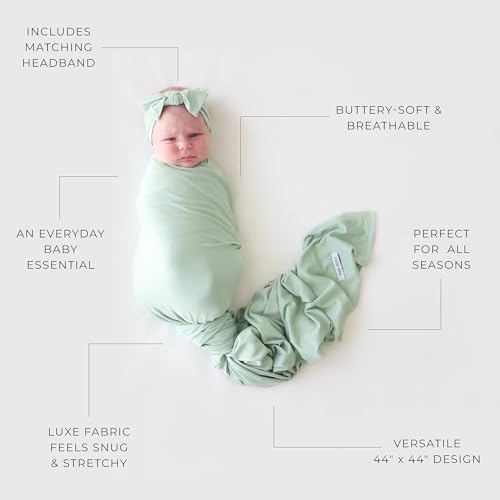 Image of Posh Peanut Swaddle Blanket & Headband Set - Viscose from Bamboo Stretchy Baby Swaddle for Newborn Girls, Receiving Blanket or Nursing Cover (Sage)