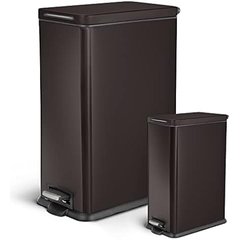 Home Zone Living 12 Gallon and 2.5 Gallon Kitchen Trash Can Combo Set, Slim Body Stainless Steel Design, 45 Liter and 9.7 Liter Capacity, Black Cover