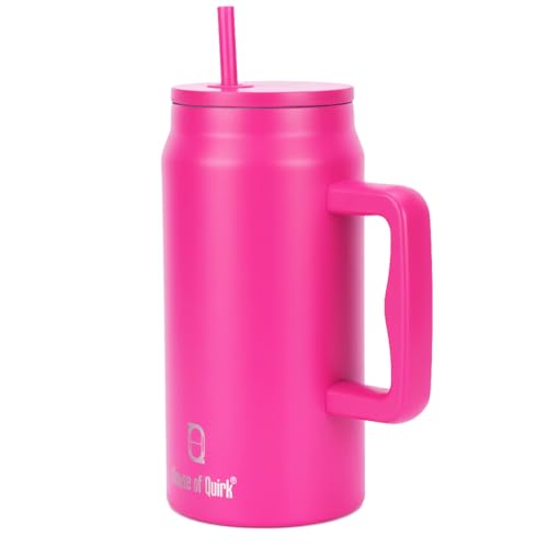 Image of House of Quirk 1500ML Stainless Steel Mug Tumbler with Handle & Straw Lid - Large Water Bottle for Men & Women (Raspberry)