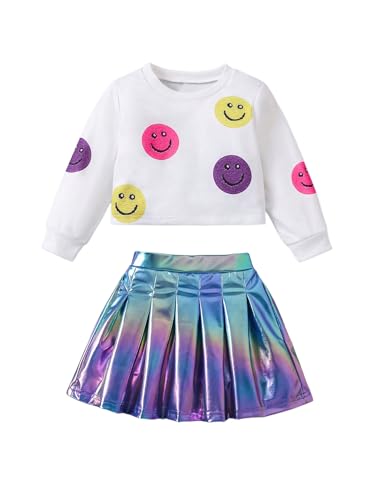 Image of SOLY HUX Toddler Girl's 2 Piece Outfit Smile Graphic Crew Neck Sweatshirt and Metallic Pleated Mini Skirt Set