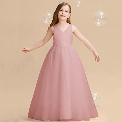 Toddler Kids Child Girls Solid Tulle Dress Pageant Gown Birthday Party Dress V Neck Sleeveless (Pink, 9-10 Years)2