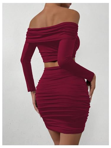 MakeMeChic Women's Two Piece Outfits Off Shoulder Crop Top and Ruched Slim Fitted Skirt Sets2