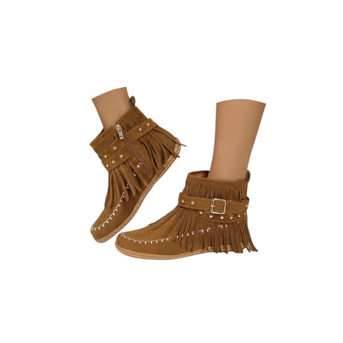 Cowboy Ankle Boots For Women Wide Width Short Cowboy Booties Western Suede Fringe Boots Round Toe Flats Winter Warm Outdoor Short Booties With Zipper Classic Retro Snow Shoes